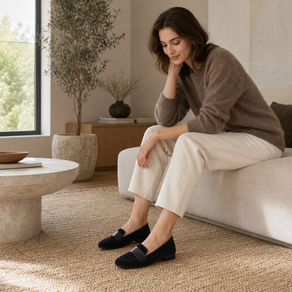 Mocassins bleus à talons bas dans une scène de style de vie en contexte de produit