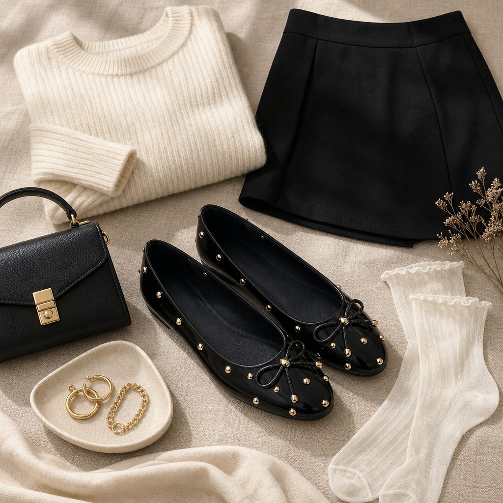 Black bow flats styled with apparel and accessories
