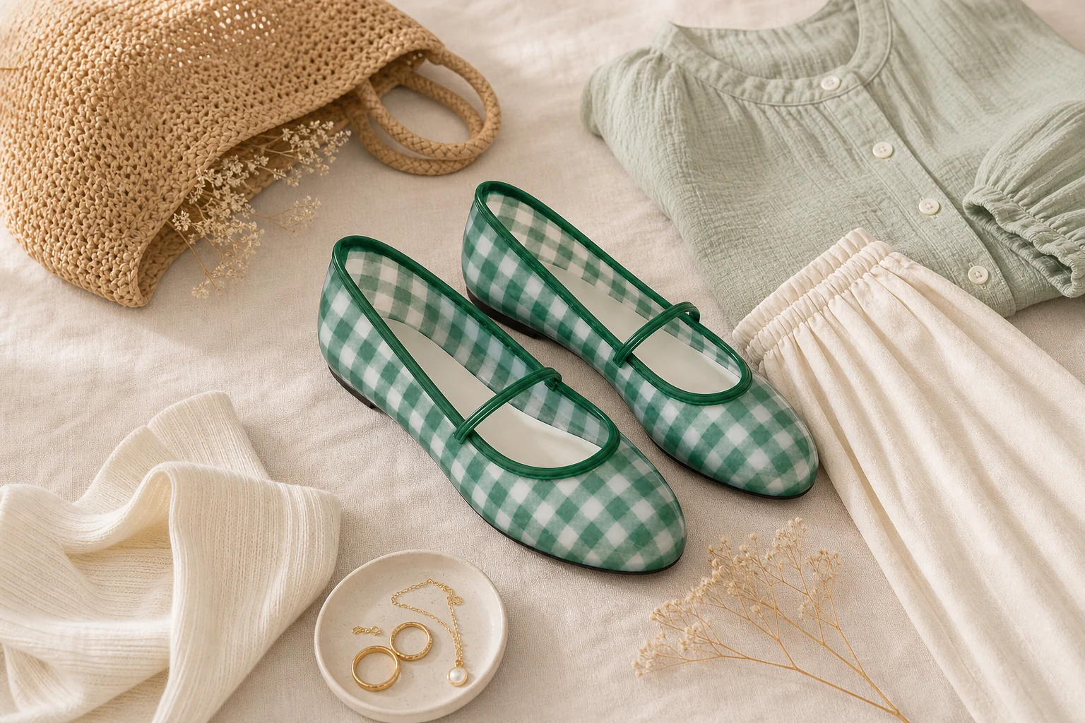 Checkered Mary Jane flats in a lifestyle product scene