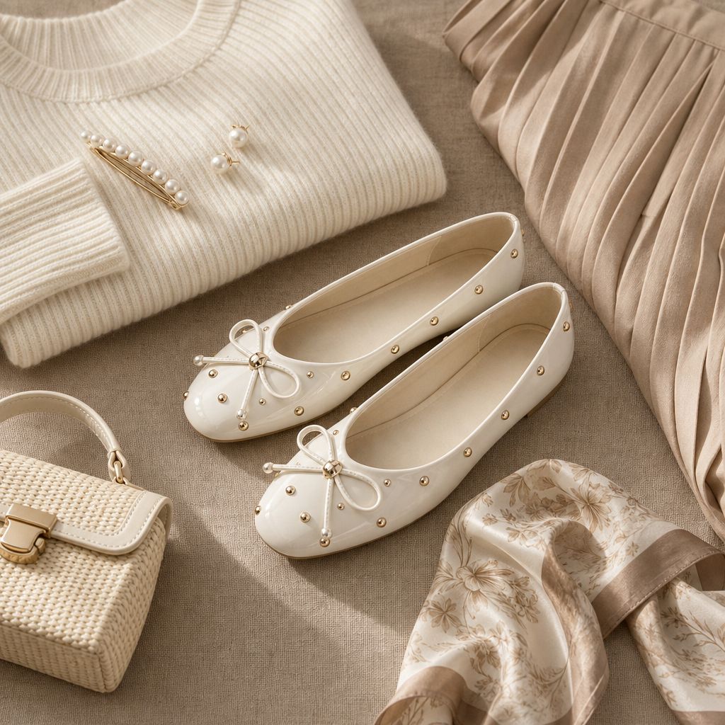 Off-White bow flats styled with clothing accessories