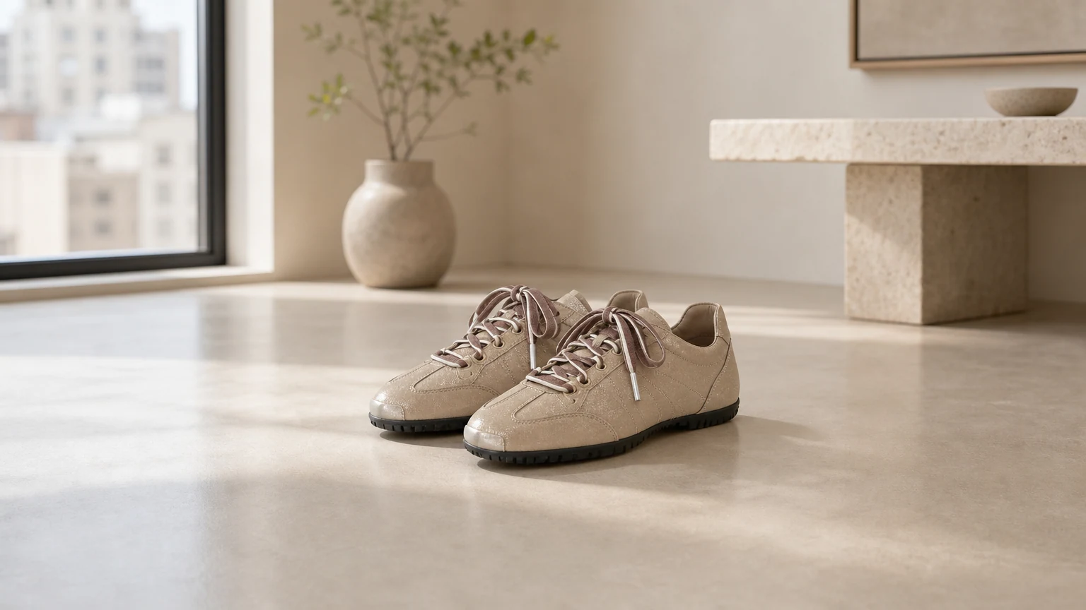 Metallic finish retro lightweight sneaker flats styled in a warm lifestyle scene