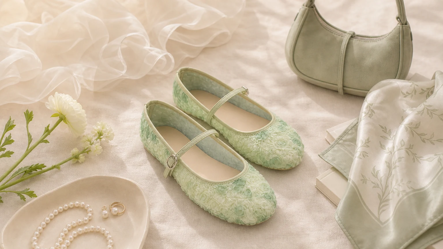 Textured floral Mary Jane flats styled in a soft horizontal scene