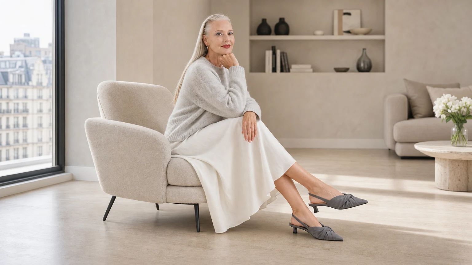 Elegante grijze slingback pumps met lage kittenhak, vormgegeven in een horizontaal tafereel